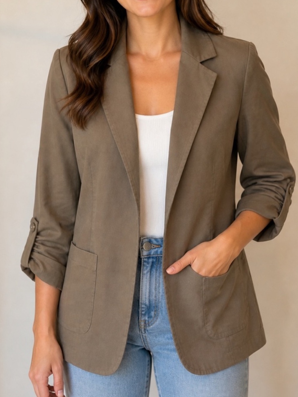 Chico’s Linen Blend Taupe Open Front Blazer Jacket Size 1